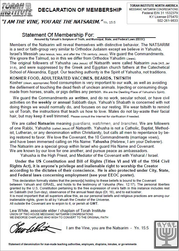 DECLARATION OF DENOMINATION